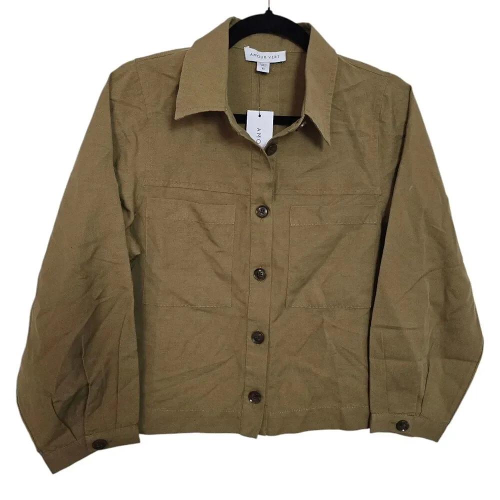 NWT Amour Vert Size XS Genevieve Cotton Linen Blend Jacket in Elm Green - Picture 2 of 5